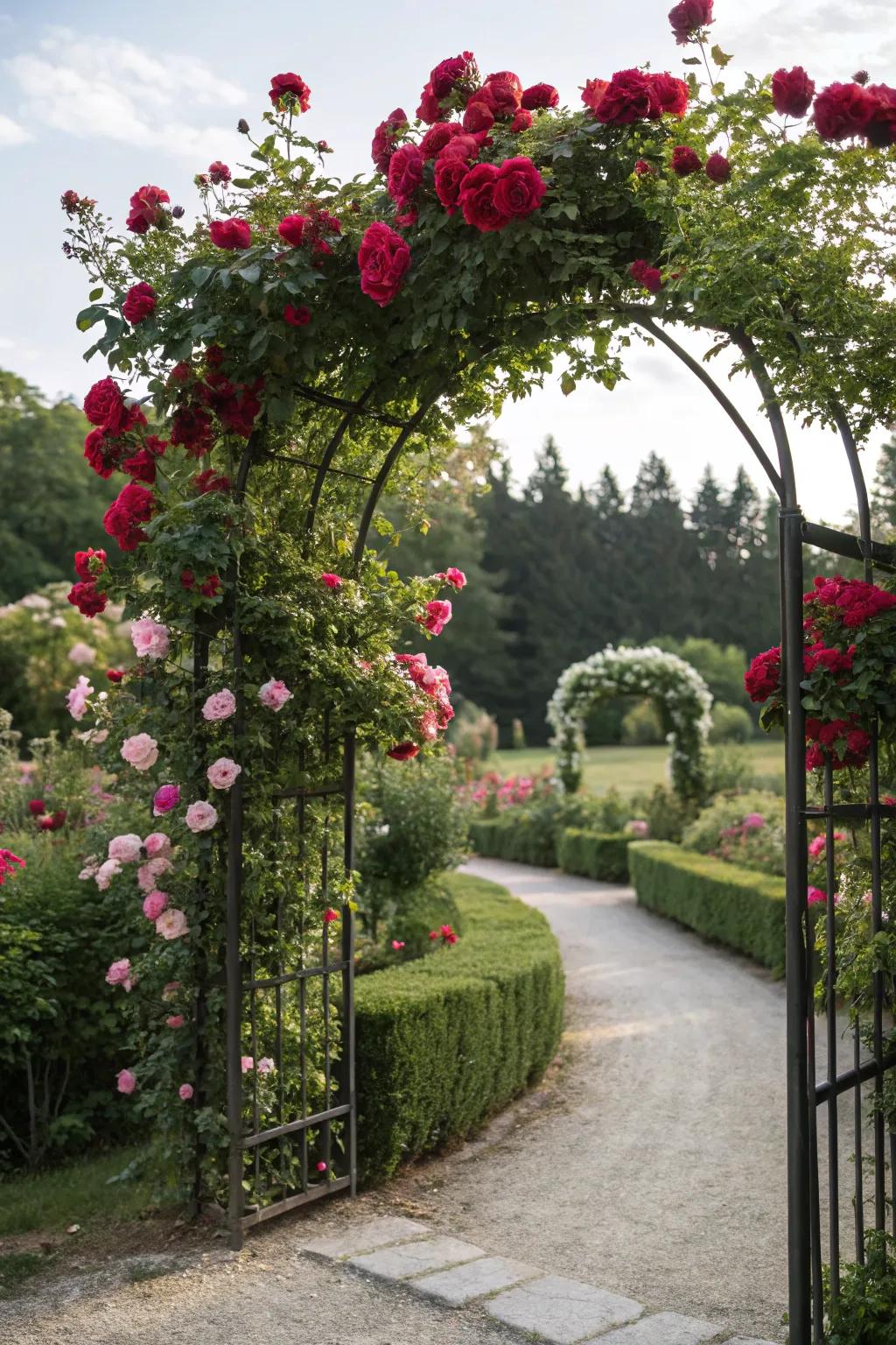 A stunning garden entrance featuring an archway of blooming roses.