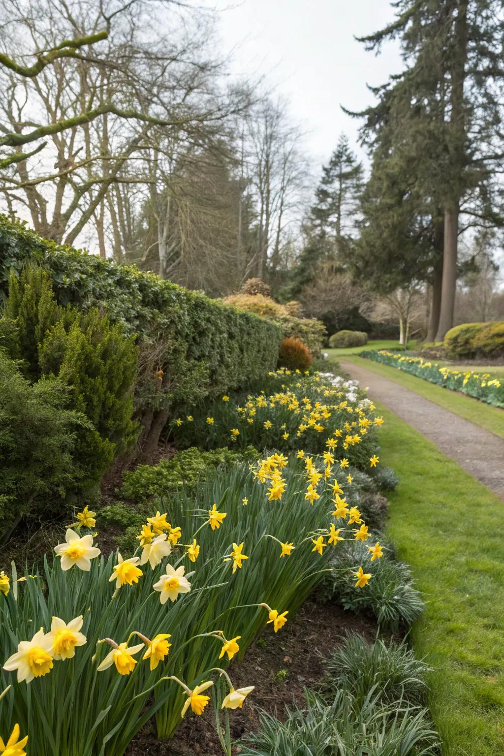 Daffodils add a spring surprise among evergreens.