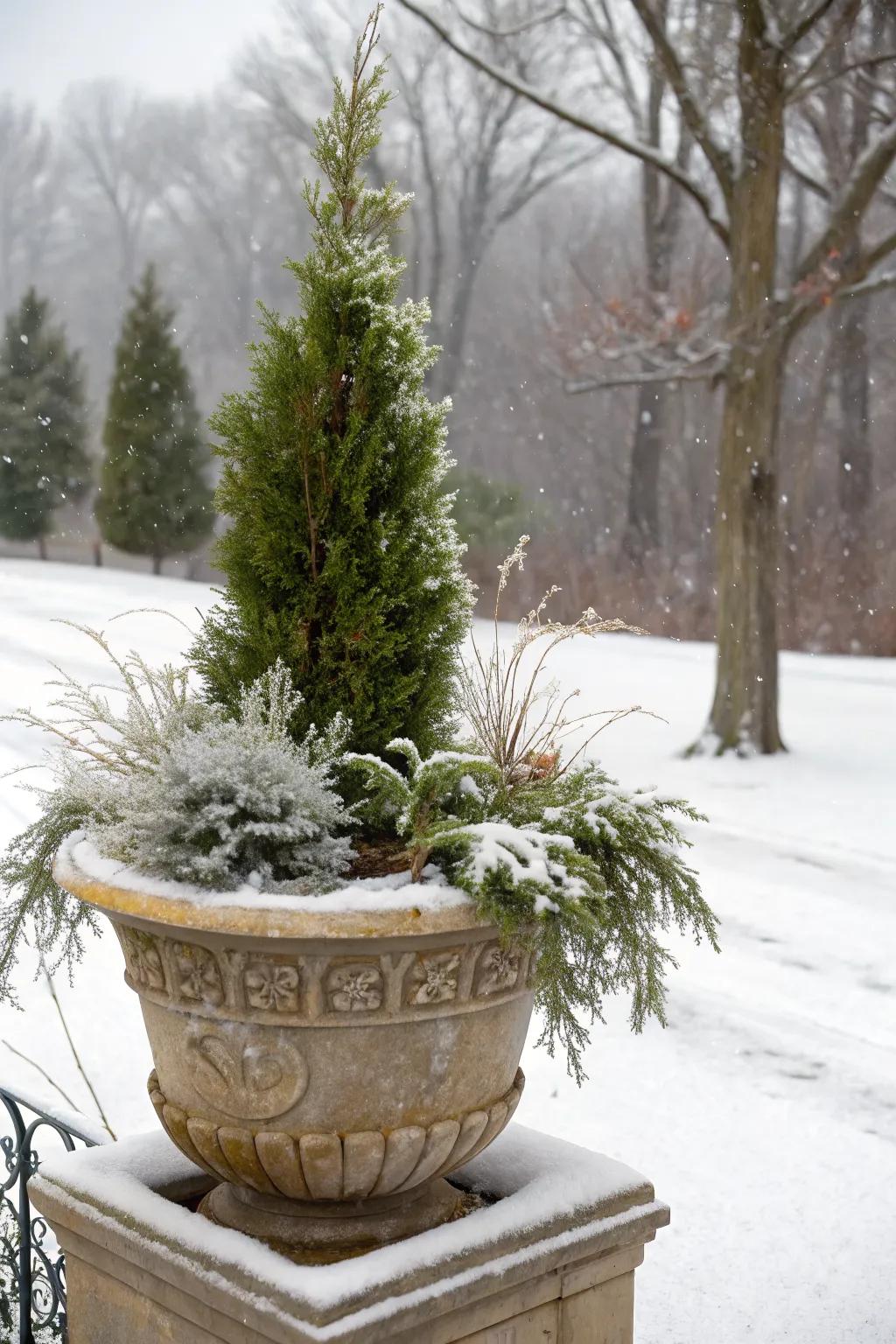 A small evergreen tree can transform a planter into a winter centerpiece.