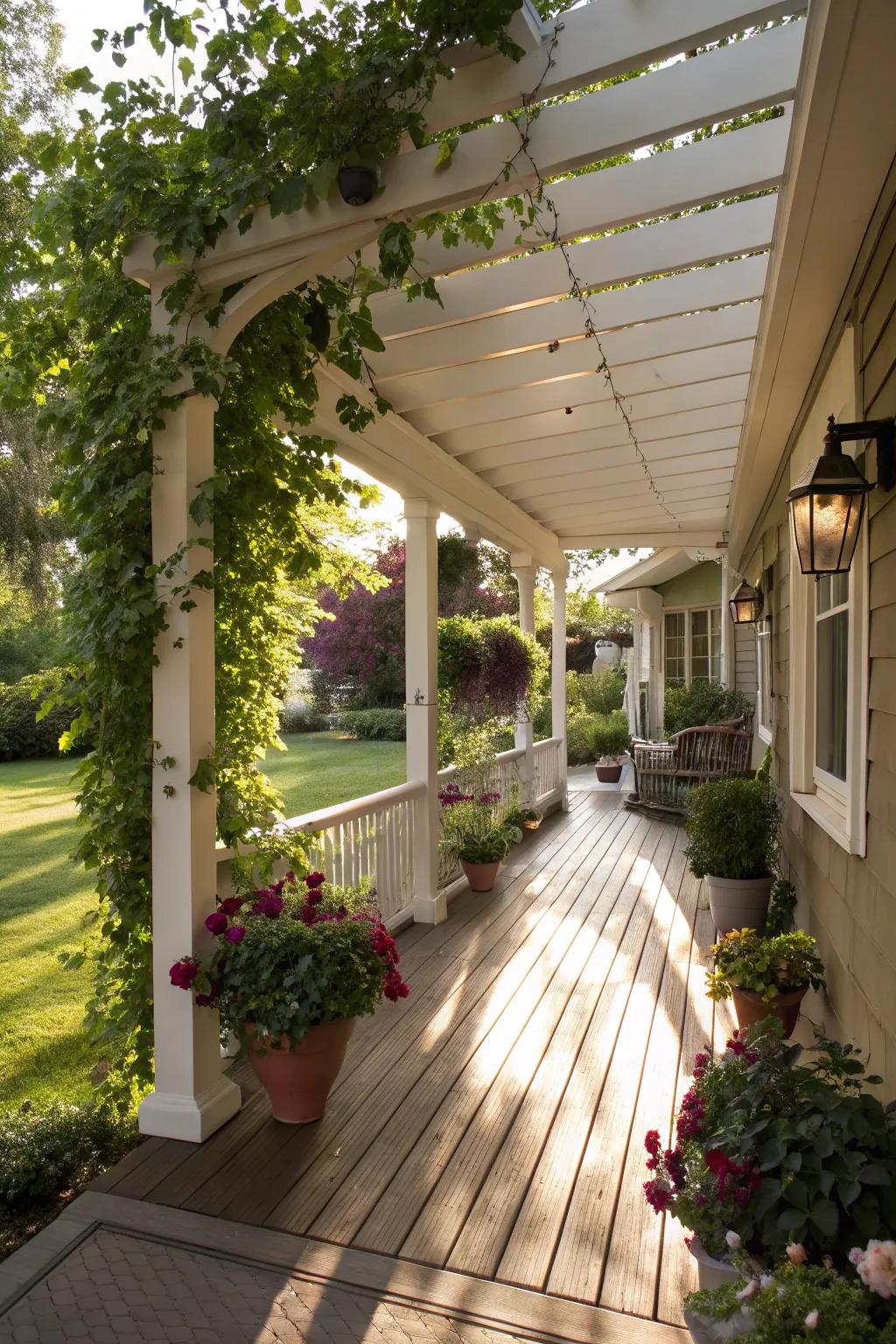 Airy and light: A pergola-style roof on a front porch.