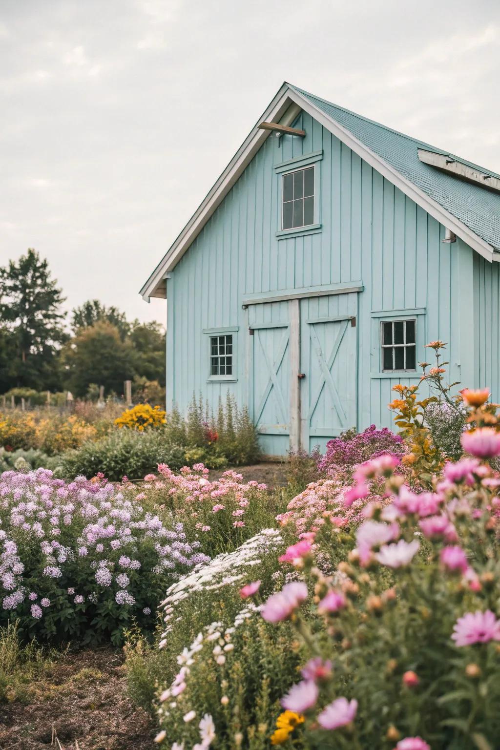 A pastel barn adds a charming and unique flair to the countryside.
