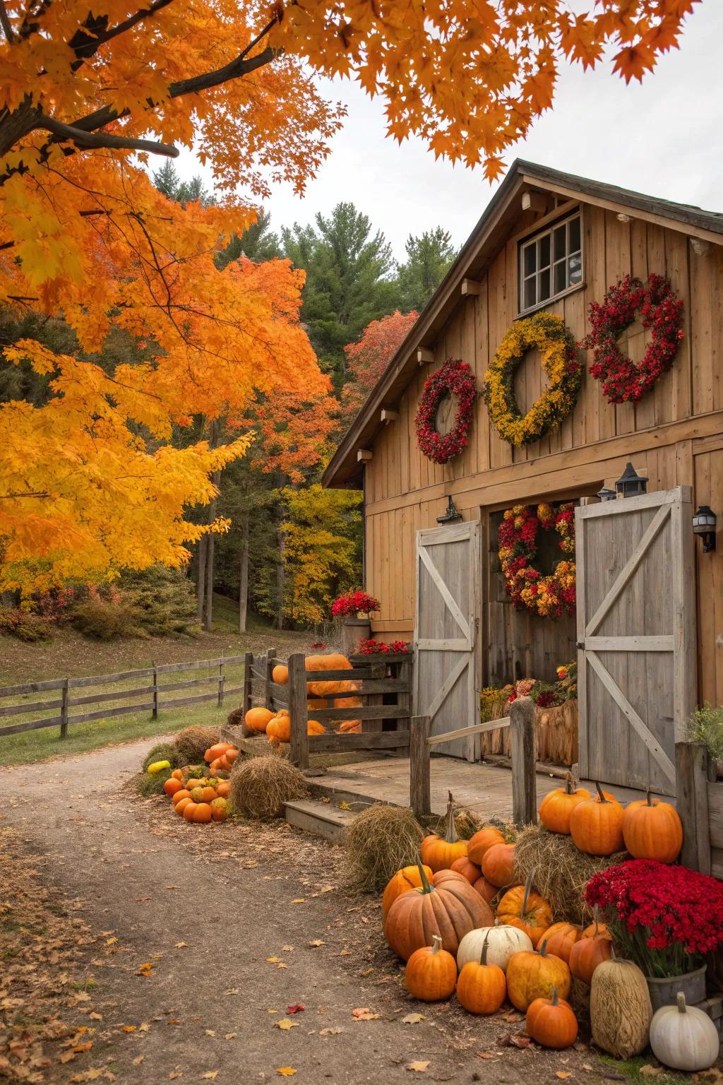 Seasonal decorations keep the barn exterior lively and engaging.