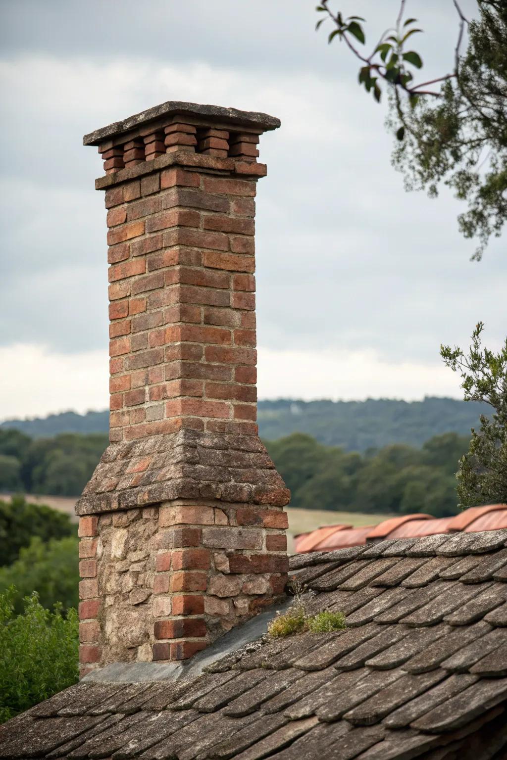 A charming chimney crafted from reclaimed materials, telling its own story.