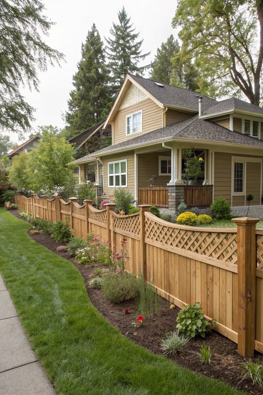 A decorative fence elegantly conceals the foundation.