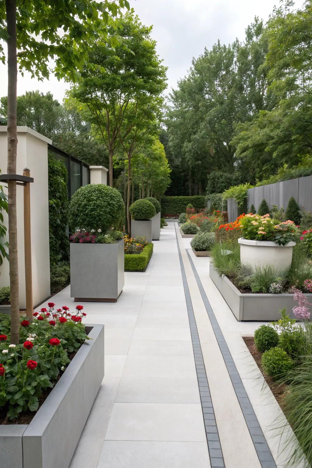 A modern garden with minimalist design elements.