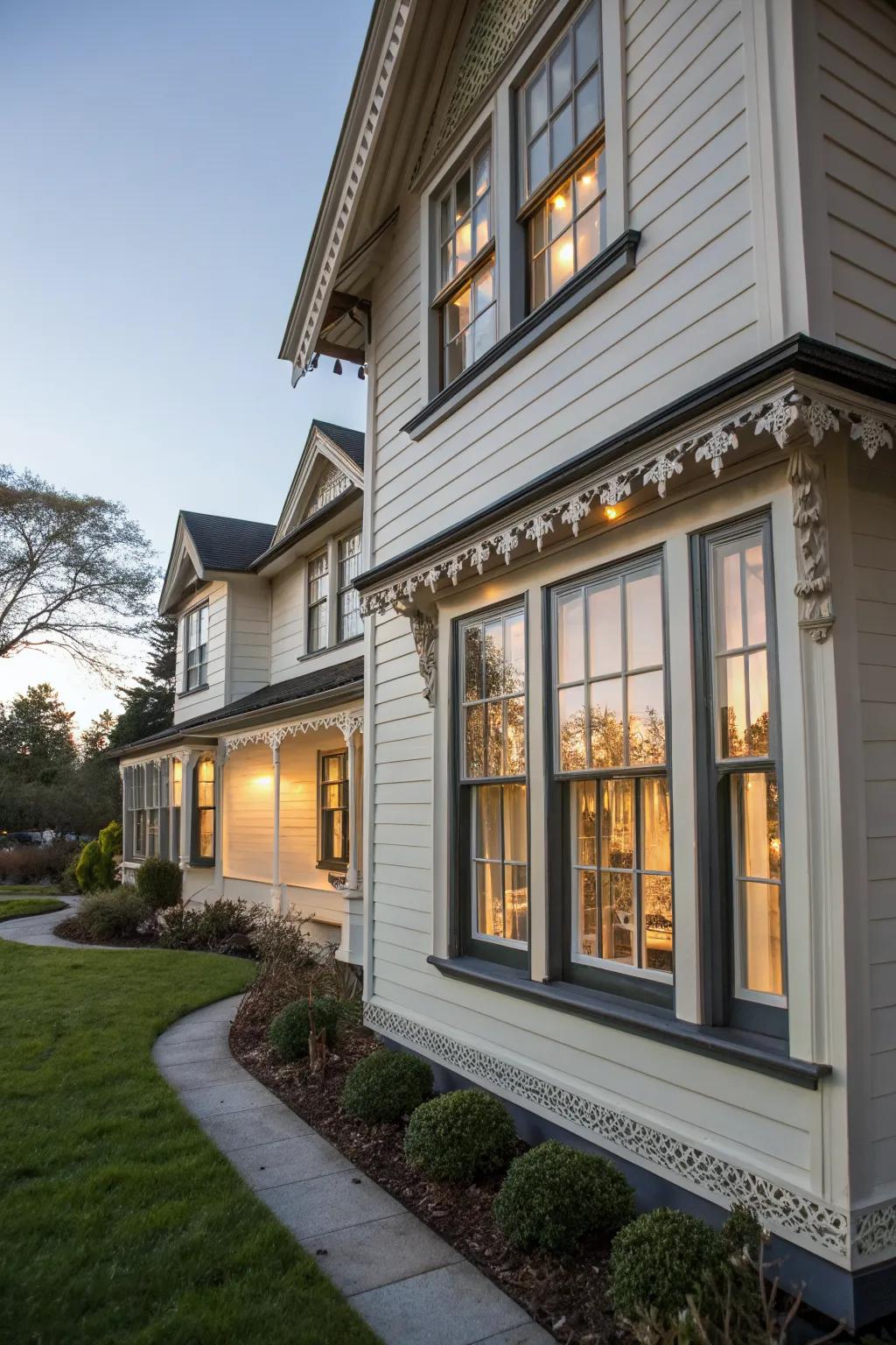 Layered trim adds depth and elegance to these traditional windows.