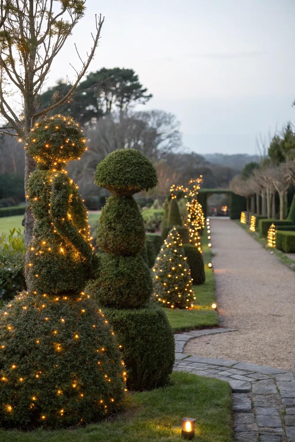 Topiaries wrapped in lights balance nature and festivity beautifully.