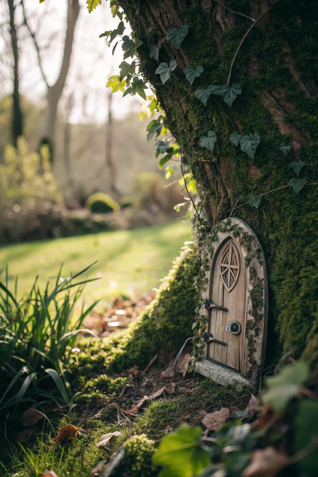 A mysterious fairy door on a tree trunk, inviting exploration.