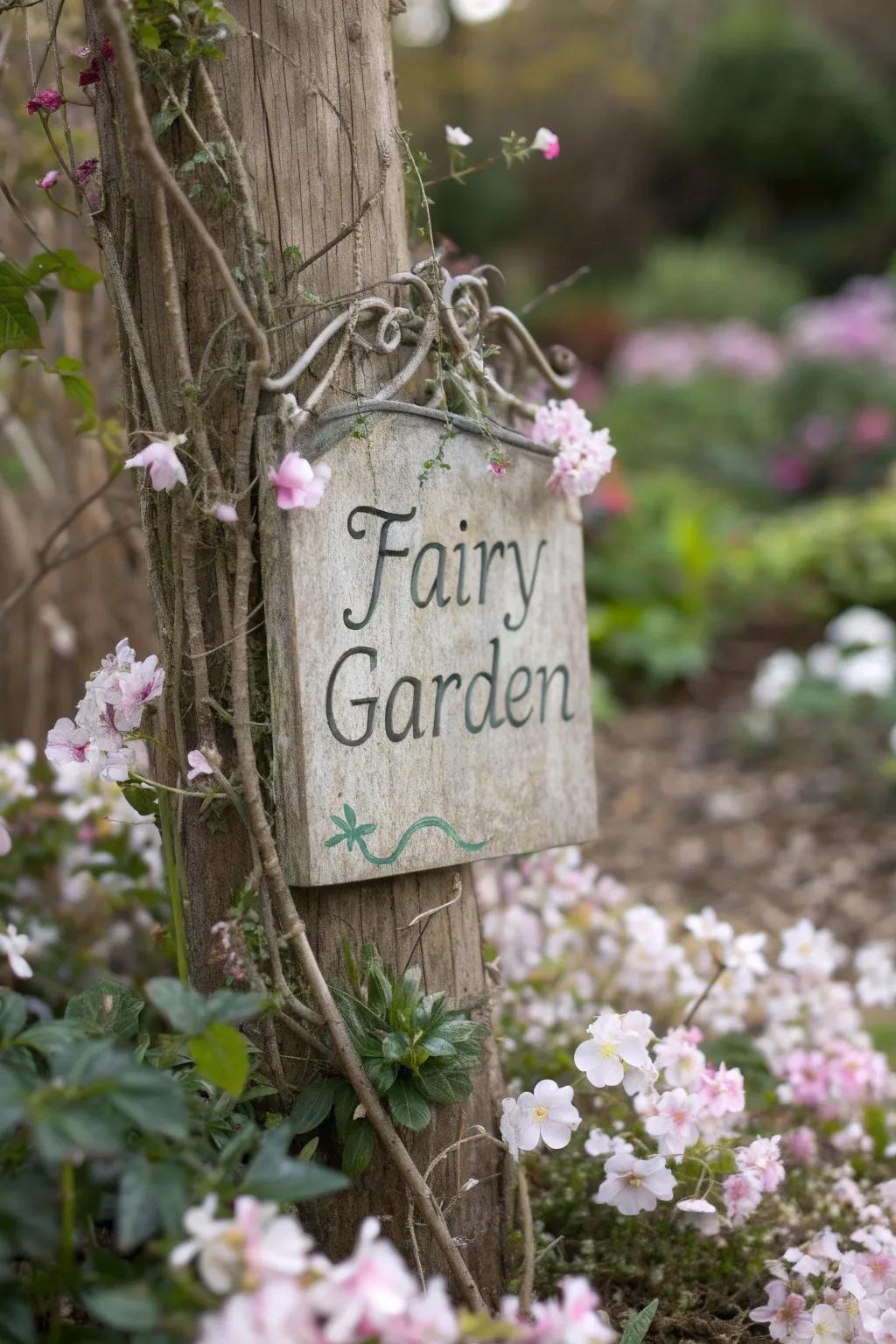 A wooden sign inscribed with a mystical quote nestled among flowers.