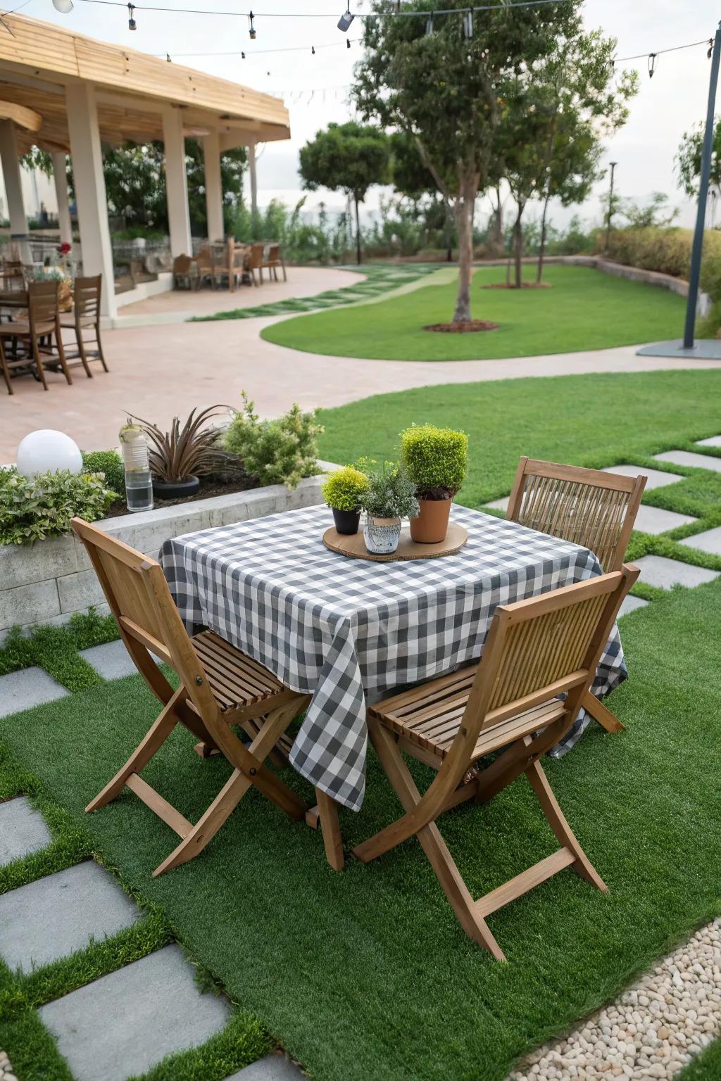 A charming outdoor dining space on artificial grass.