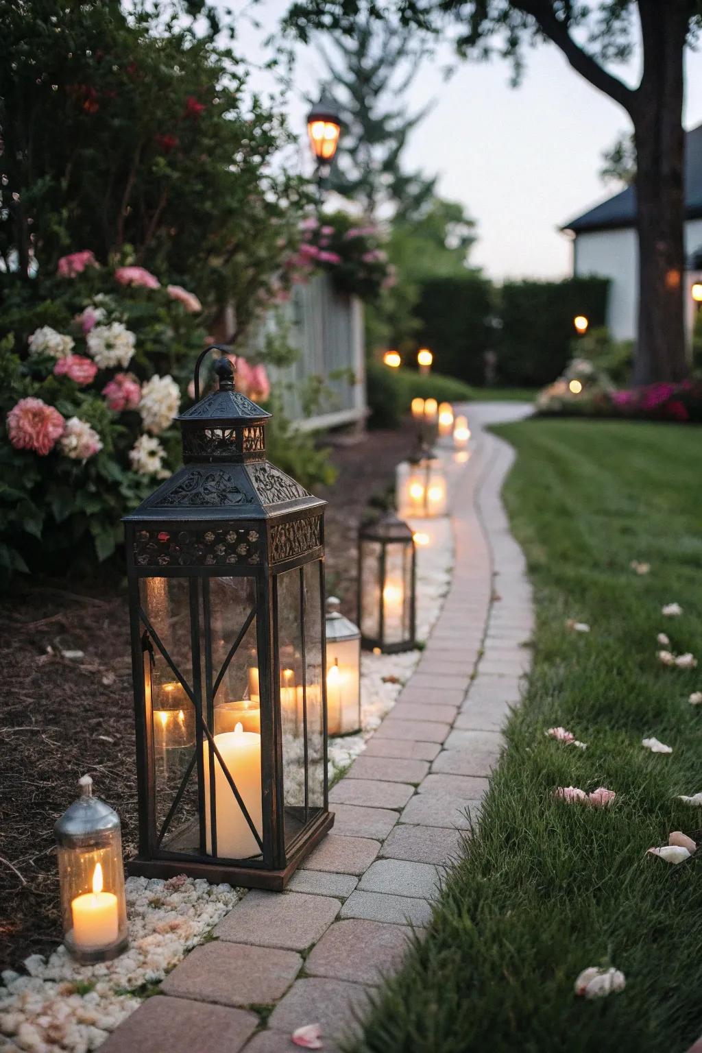 Lanterns with candles illuminate pathways beautifully.