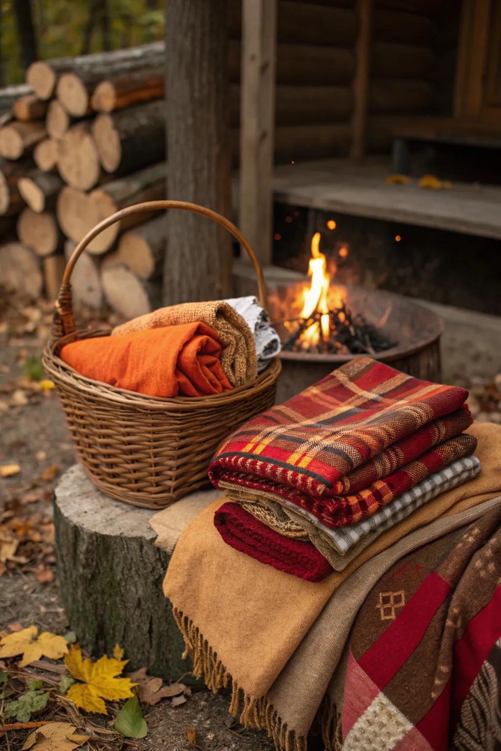 A basket filled with cozy blankets in autumn hues, ready for guests to use.