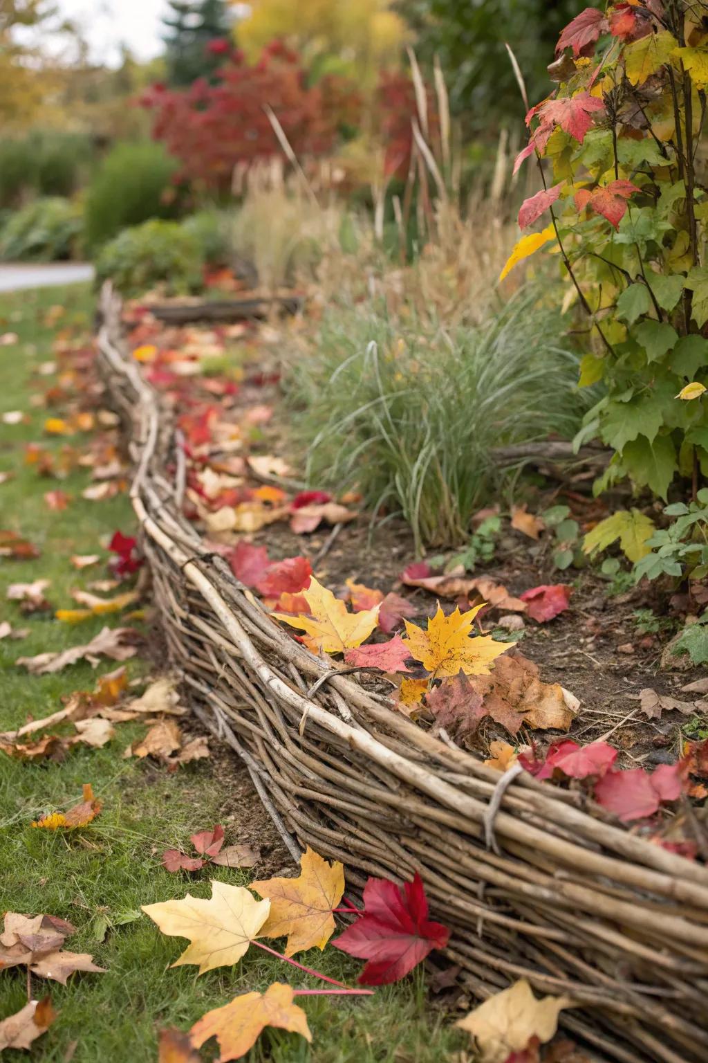 Twigs and dried grasses form a delicate, earthy garden edge.