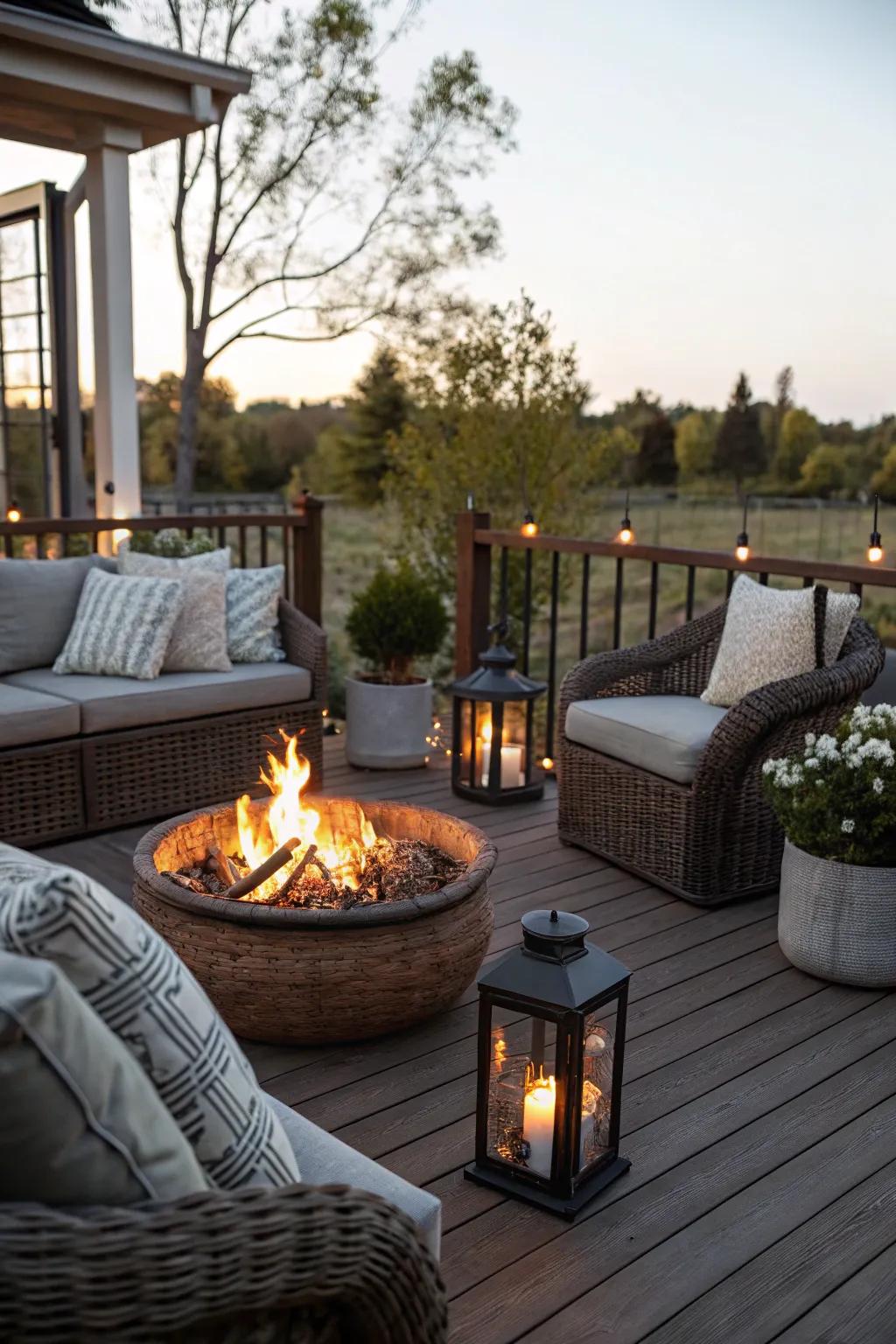A fire pit serves as a cozy focal point for gatherings on the deck.