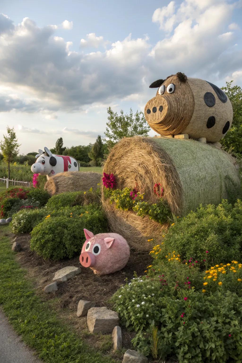 Turn hay bales into playful animal figures for a fun display.