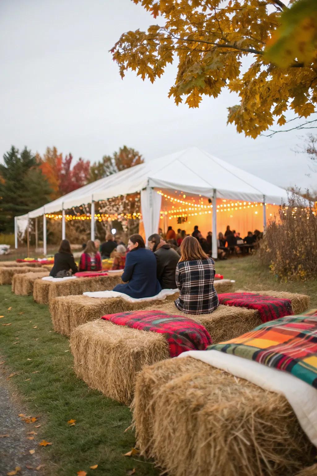 Hay bale seating with cozy blankets at a fall ceremony.