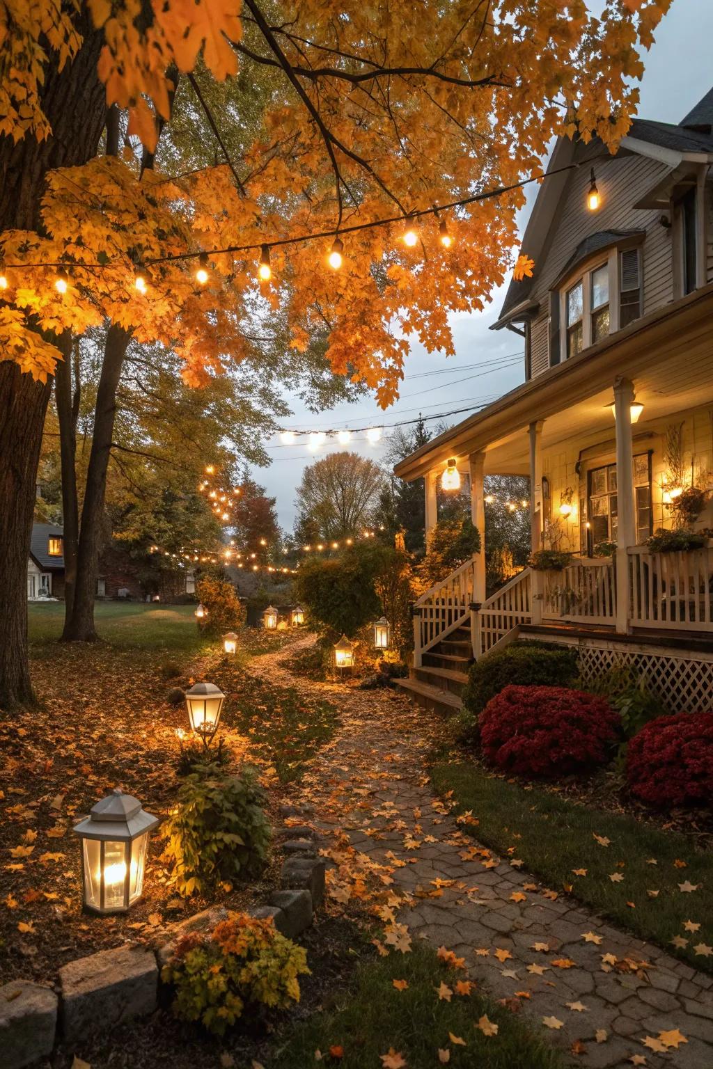 Lanterns and string lights create a warm, inviting evening ambiance.