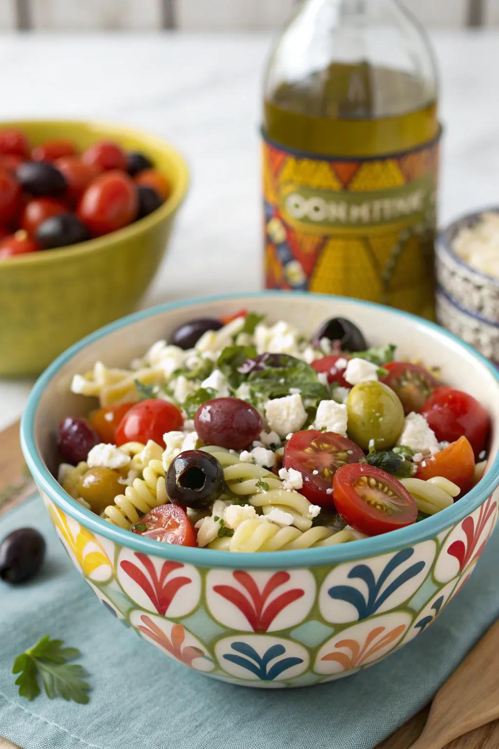 A Mediterranean pasta salad bursting with fresh flavors and vibrant colors.