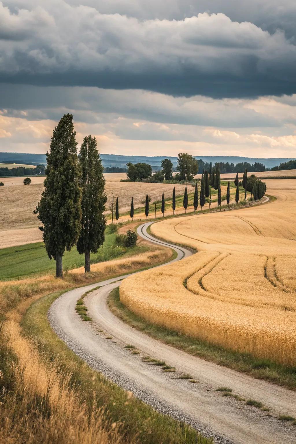 Curved driveway paths adding elegance and intrigue.
