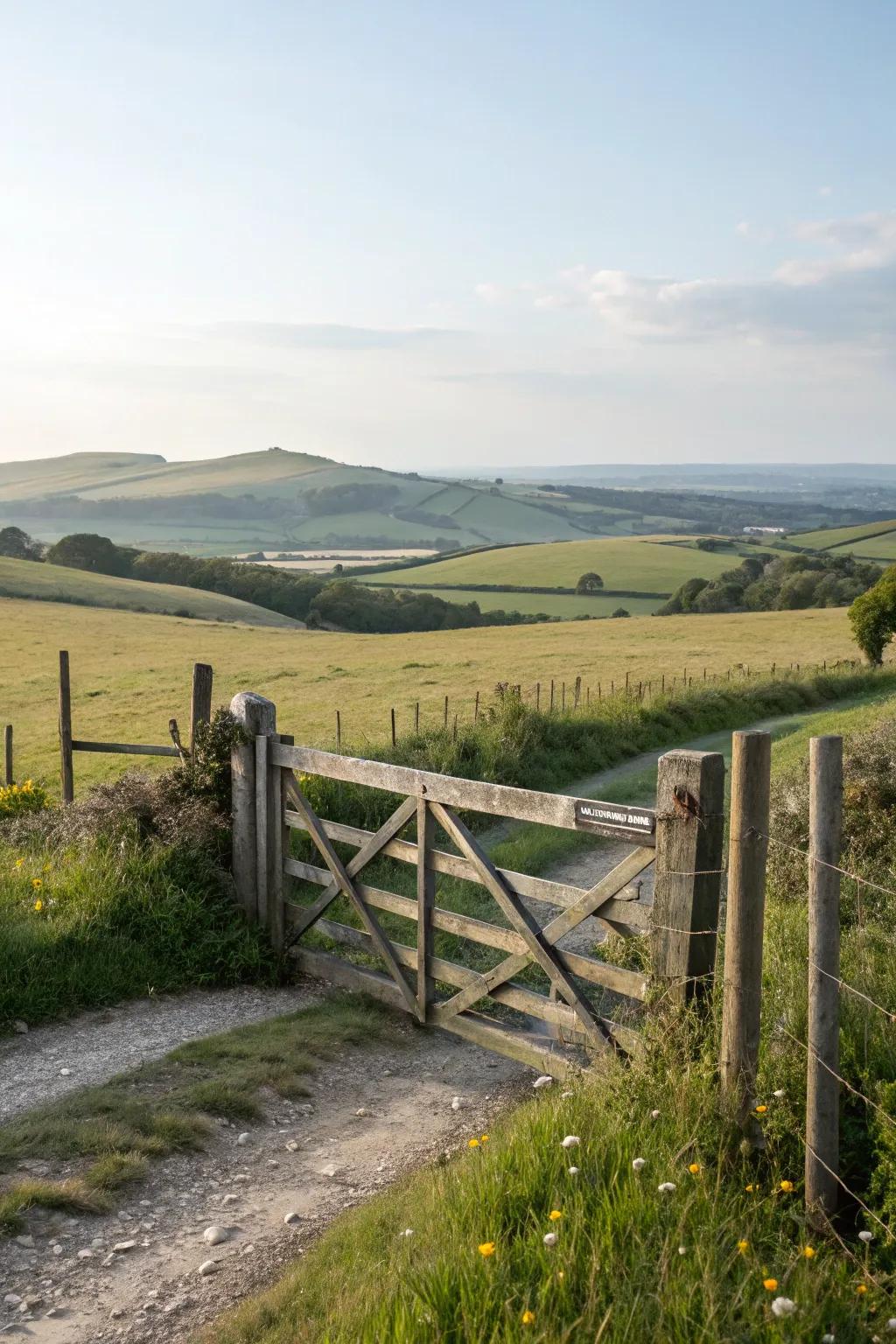 A simple gate that complements the serene beauty of the rural landscape.