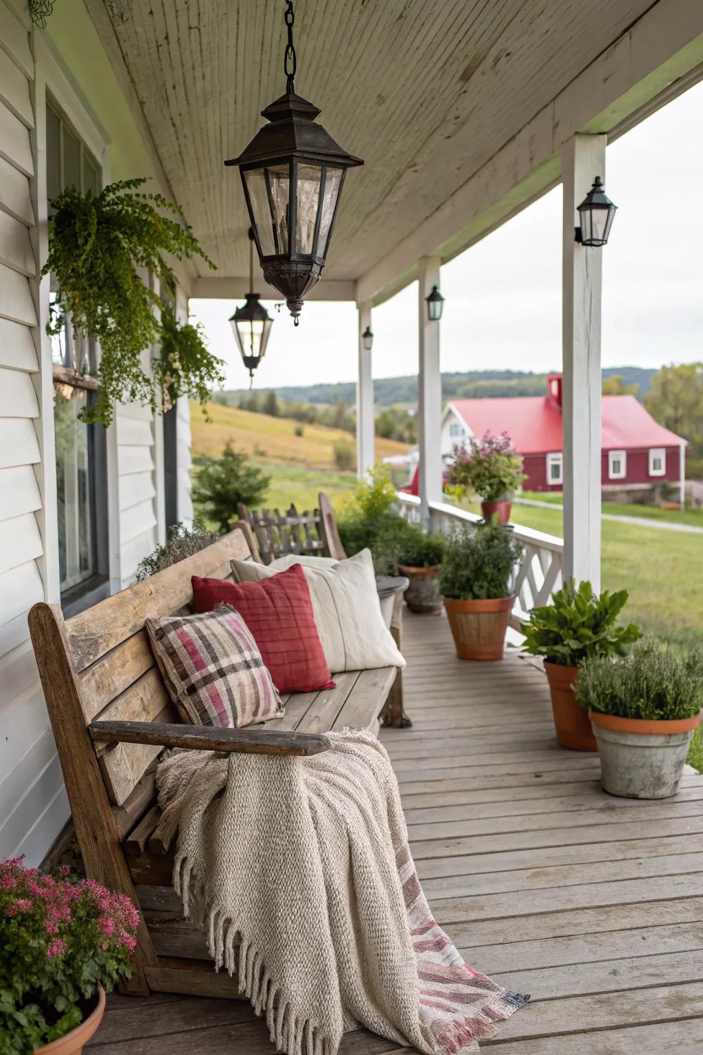 Cozy benches transform your porch into a welcoming retreat.
