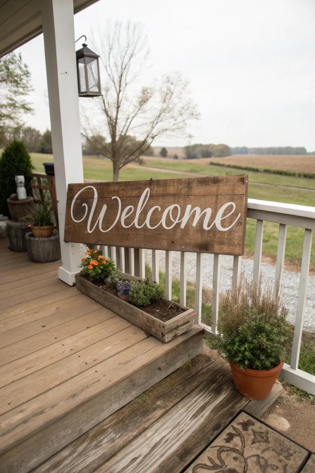 A warm welcome sign greets guests at the porch.