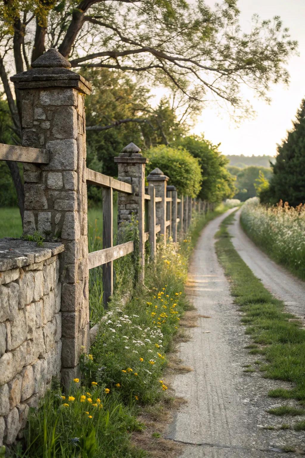 Natural stone and wood create a sturdy, earthy fence.