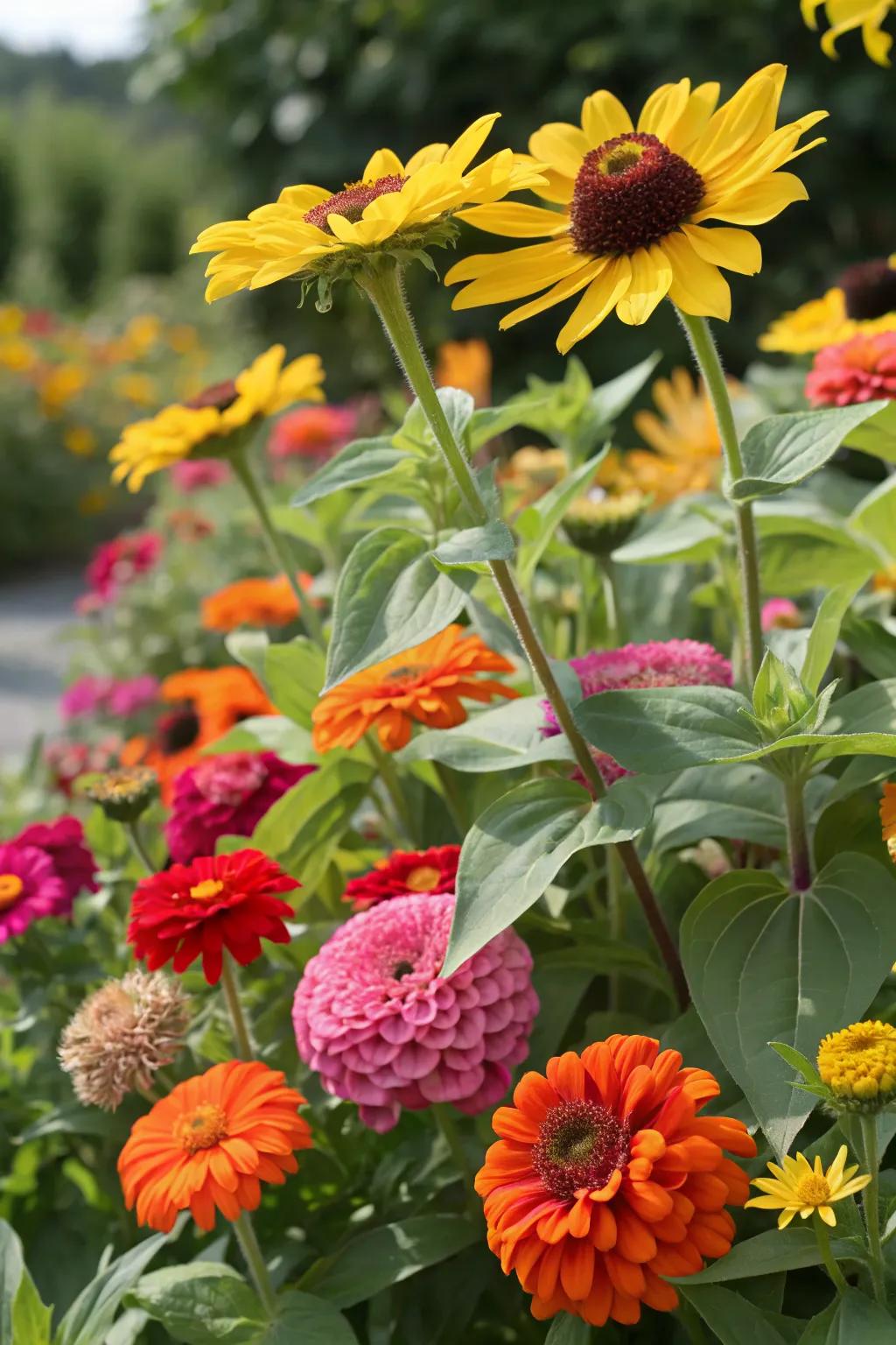 Bright and cheerful blooms like sunflowers and zinnias create a warm and inviting flower bed.