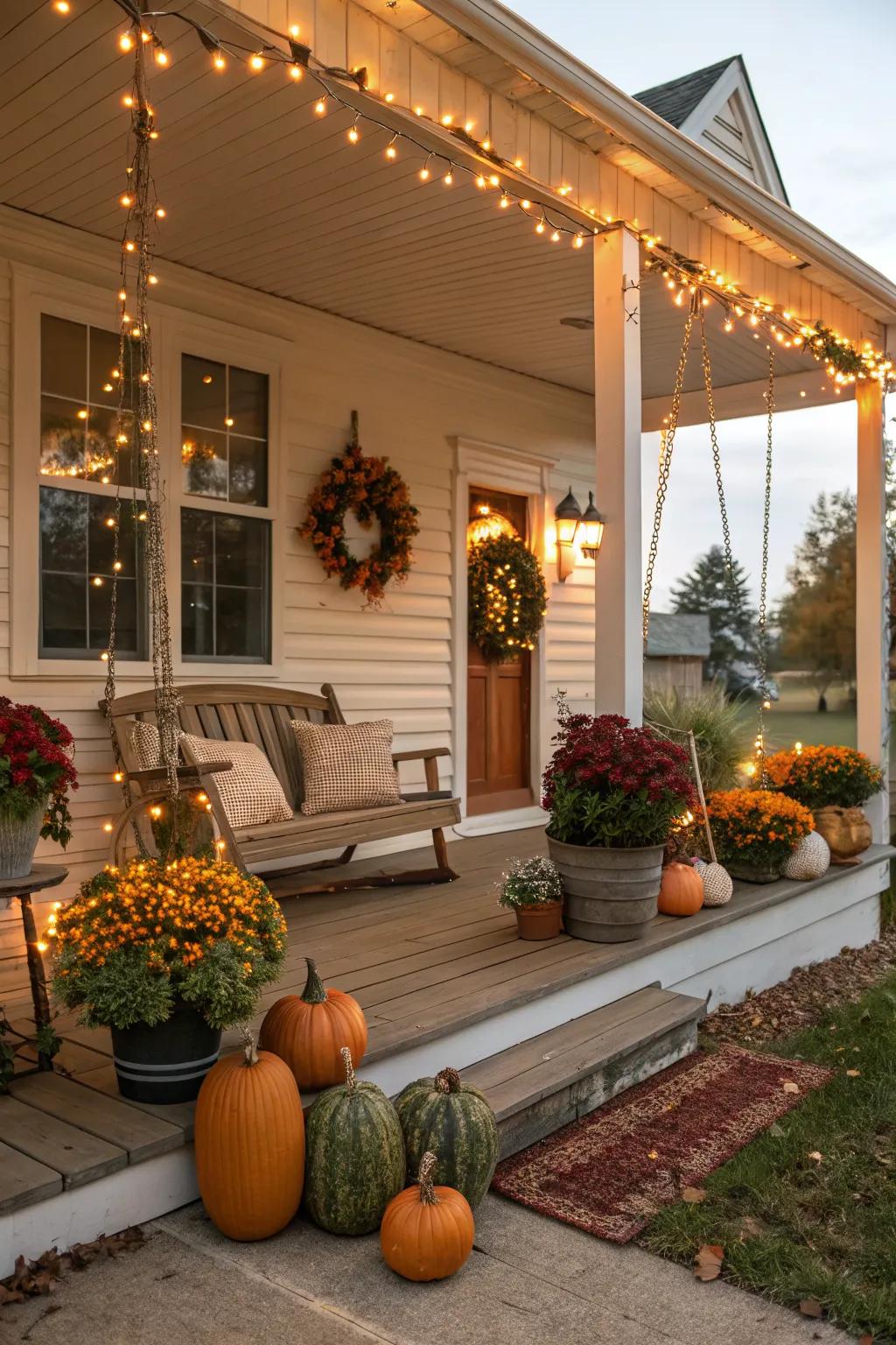 Lighting can beautifully highlight seasonal decor on your porch.