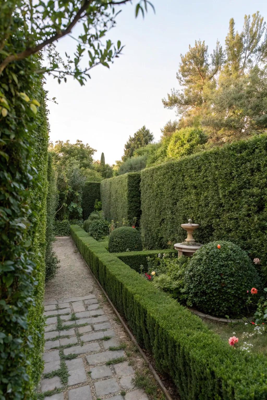Privacy hedges create a serene and secluded garden space.