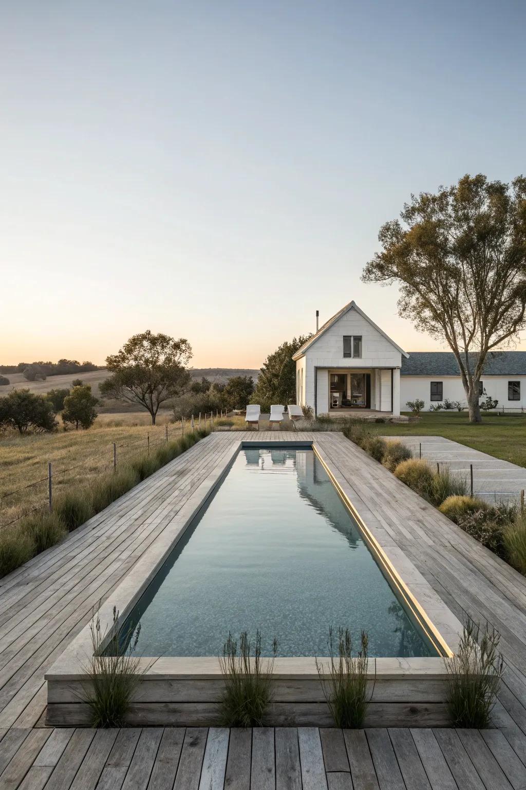 Simplicity and elegance define a minimalist farmhouse pool.