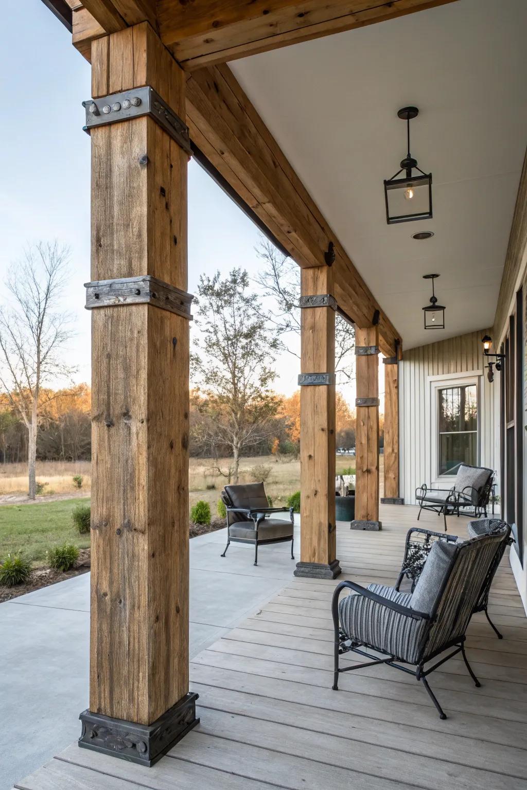 A modern twist on farmhouse columns with metal accents.