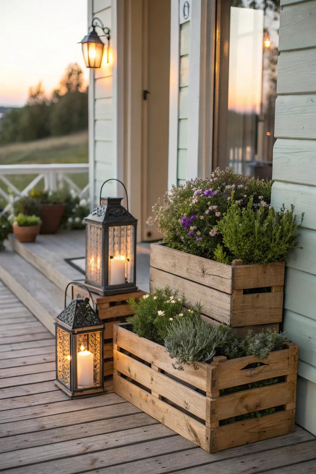 Wooden crates create a versatile display for decor.