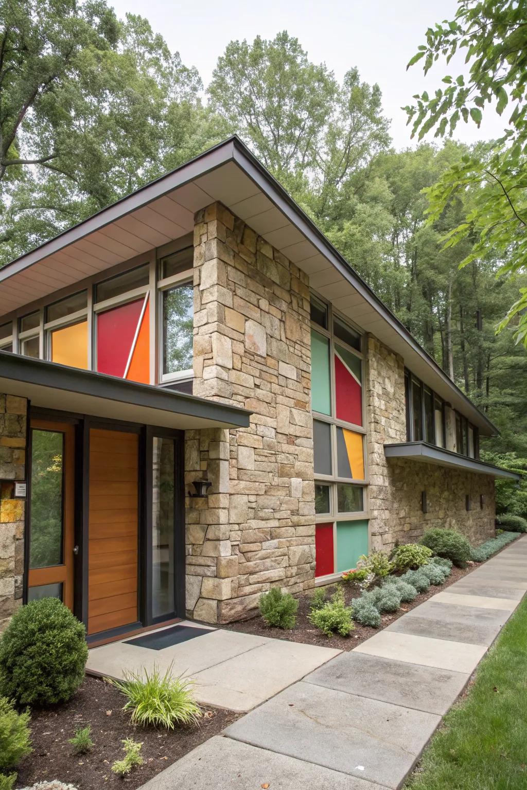 Mid-century modern flair with faux stone siding