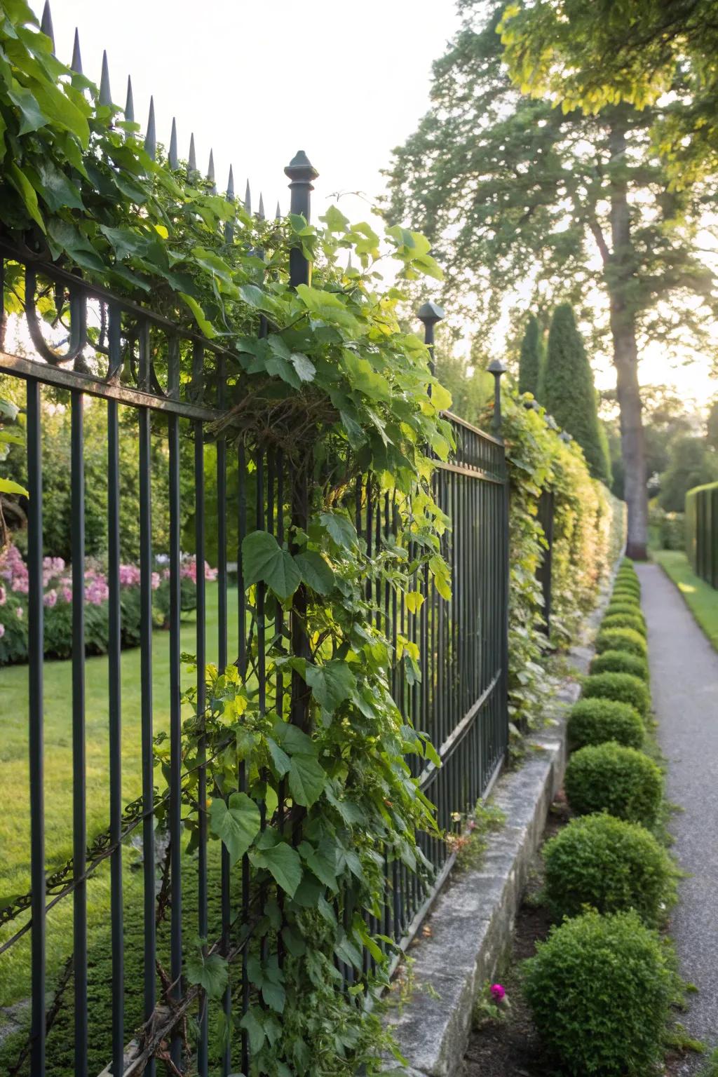 Climbing plants create a living tapestry on this garden fence.