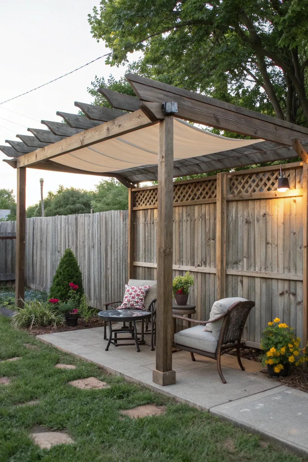 Embrace natural charm with a rustic wood-framed awning.