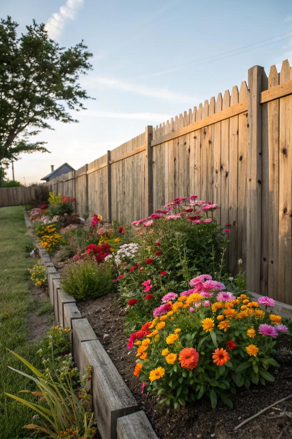 Mini gardens add color and life to fence bases.