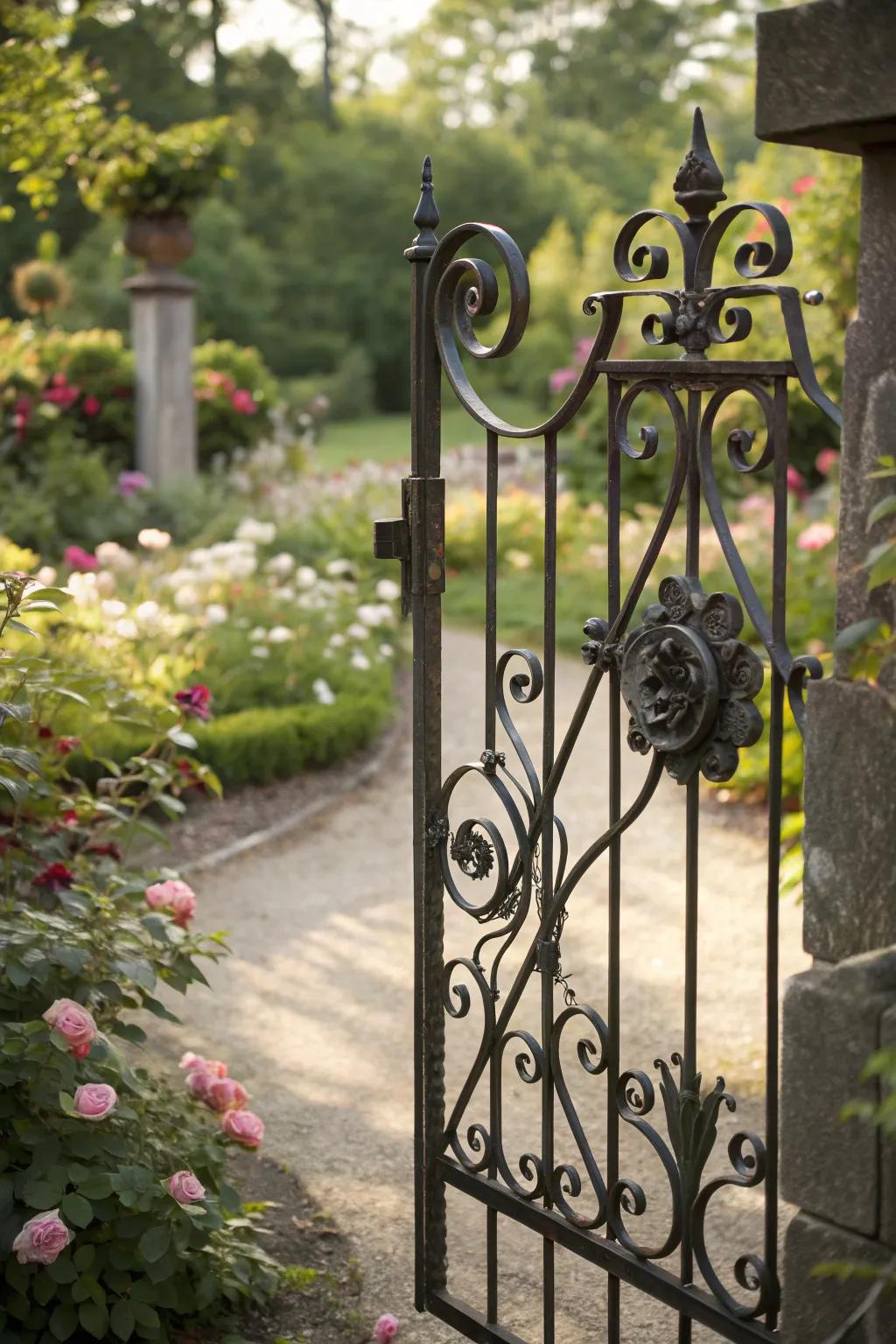 Artistic wrought iron latches add intricate beauty to garden gates.