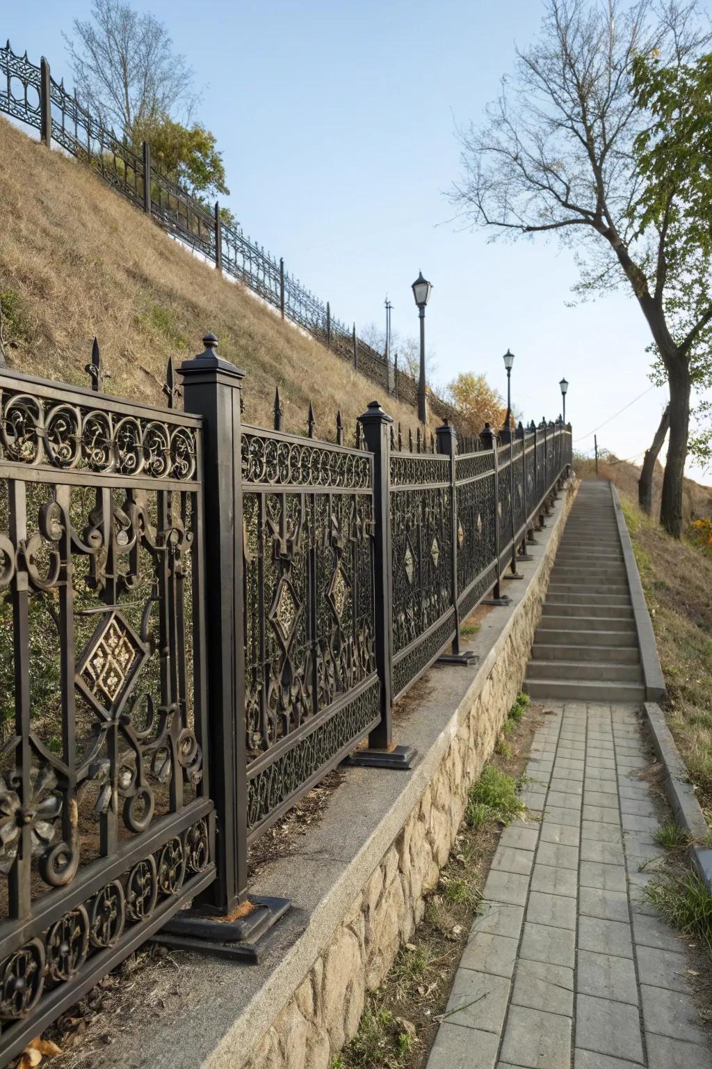 Stepped iron fences add elegance to any sloped terrain.
