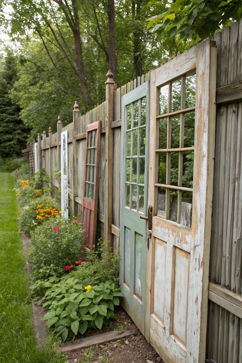A unique fence made from vintage doors and windows.