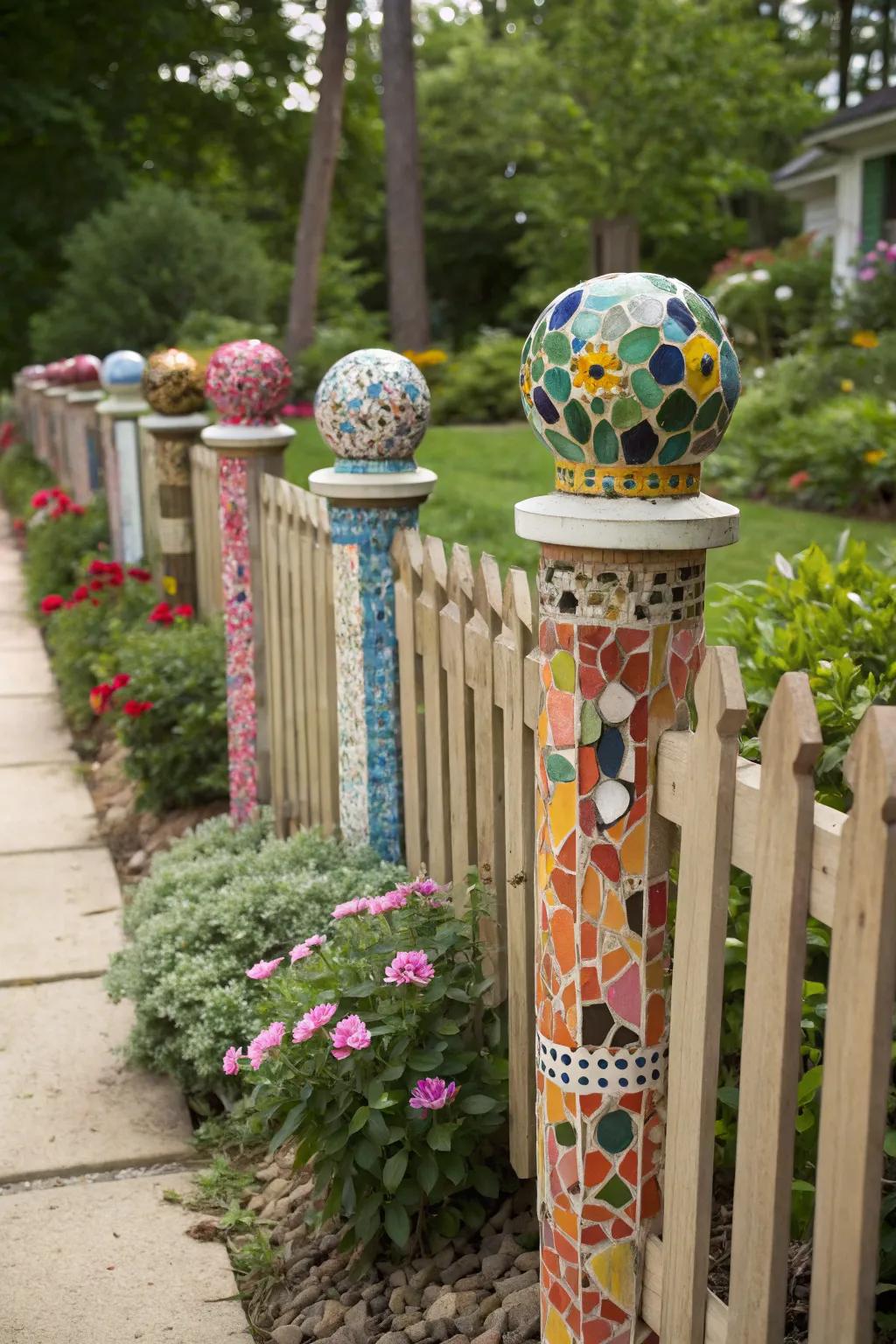 Mosaic art toppers infusing vibrant color into a garden fence.