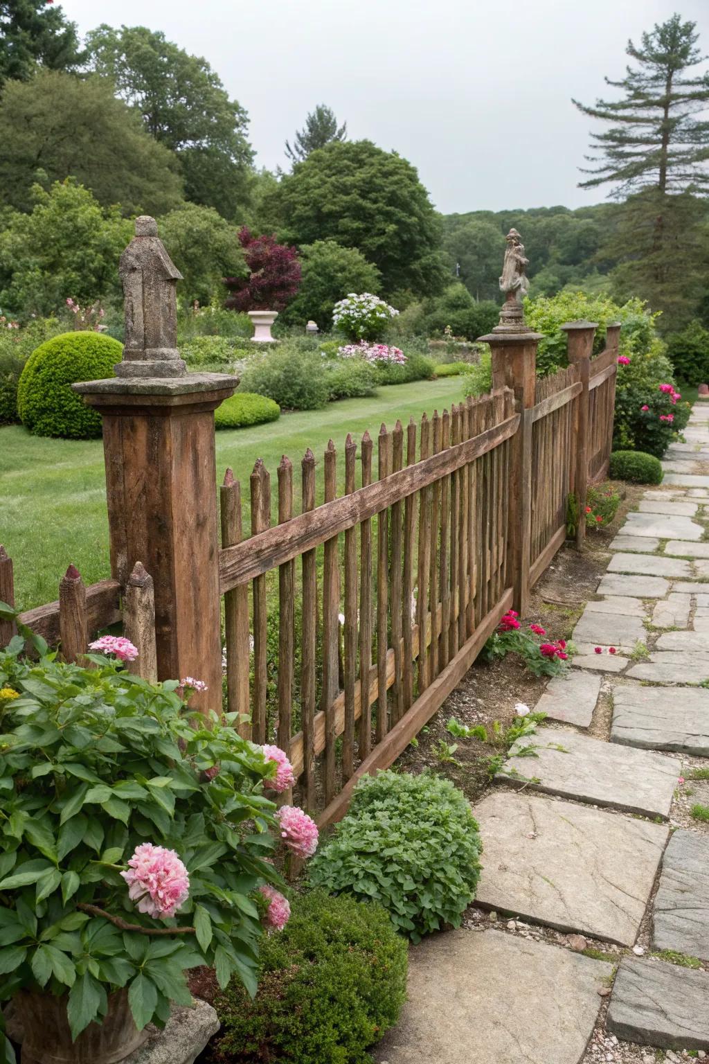A chestnut stained fence adds cozy warmth to a traditional garden setting.