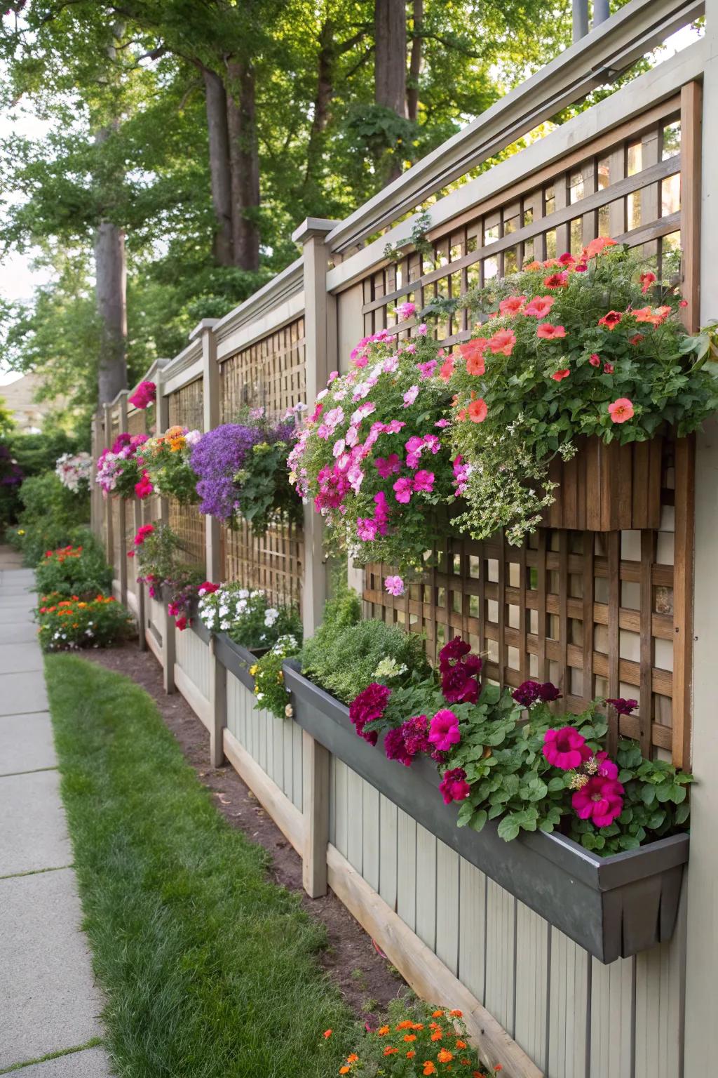 Trellis with built-in planters enhances privacy and greenery.
