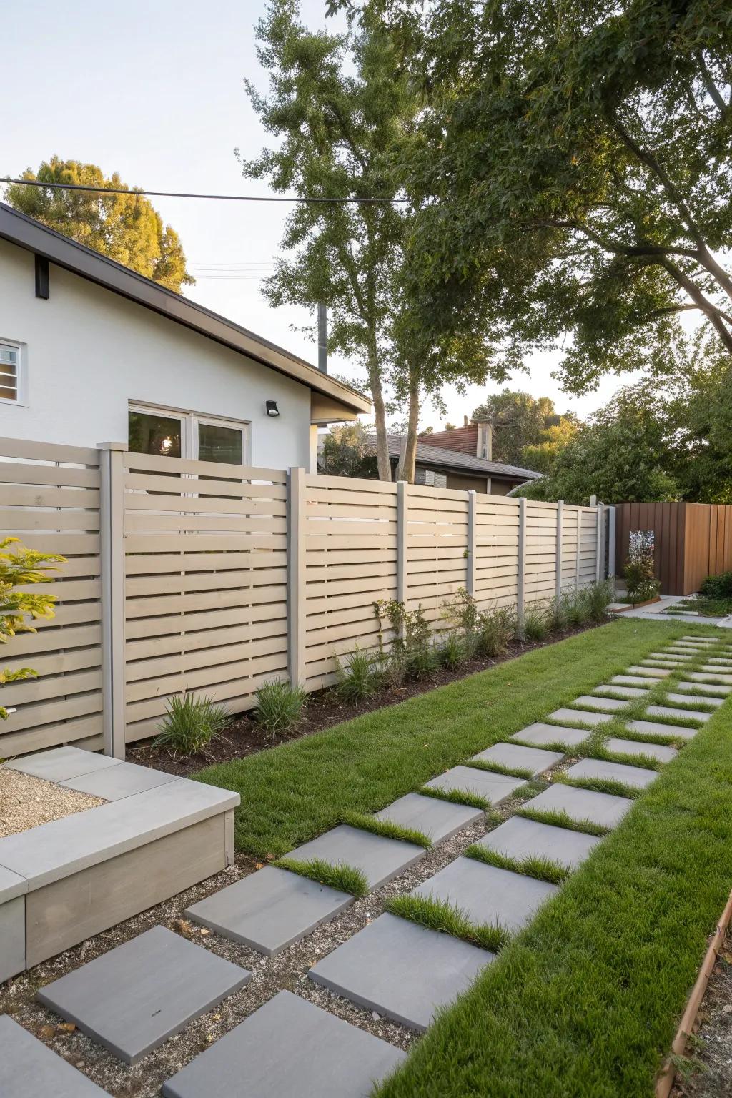 Horizontal slats offer a sleek and modern fence design.