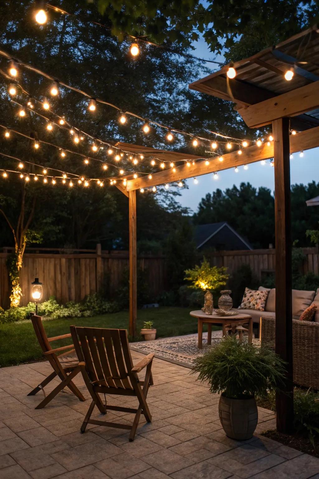 Magical ambiance with string lights illuminating a cozy patio.