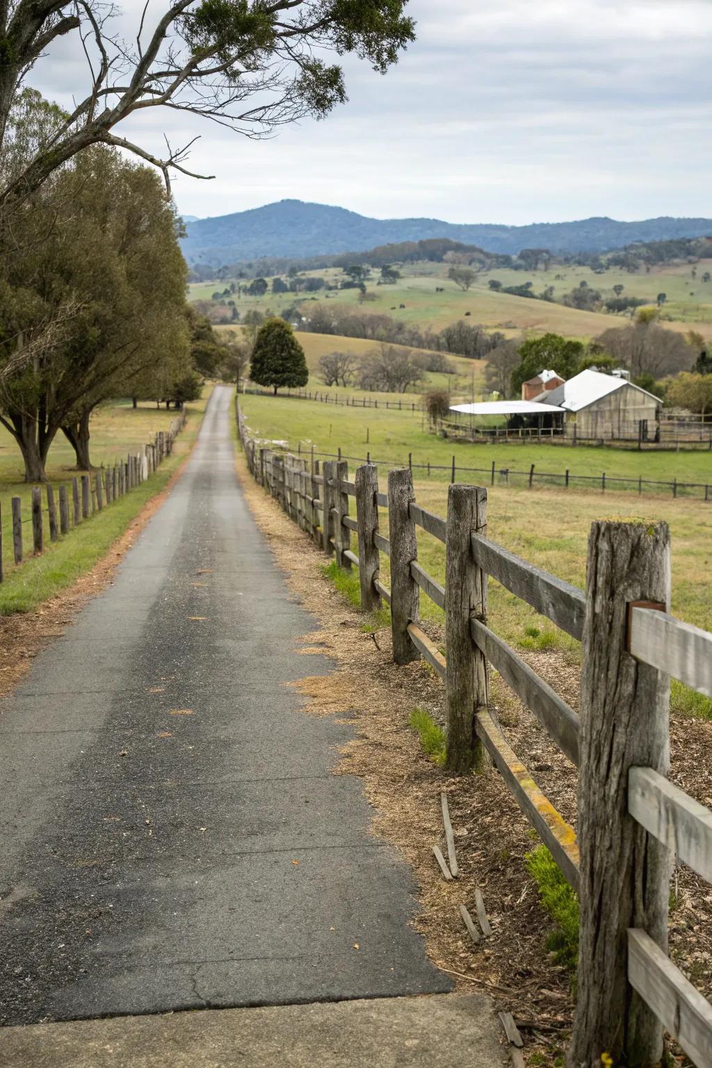 Post and rail fences add rustic charm to driveways.