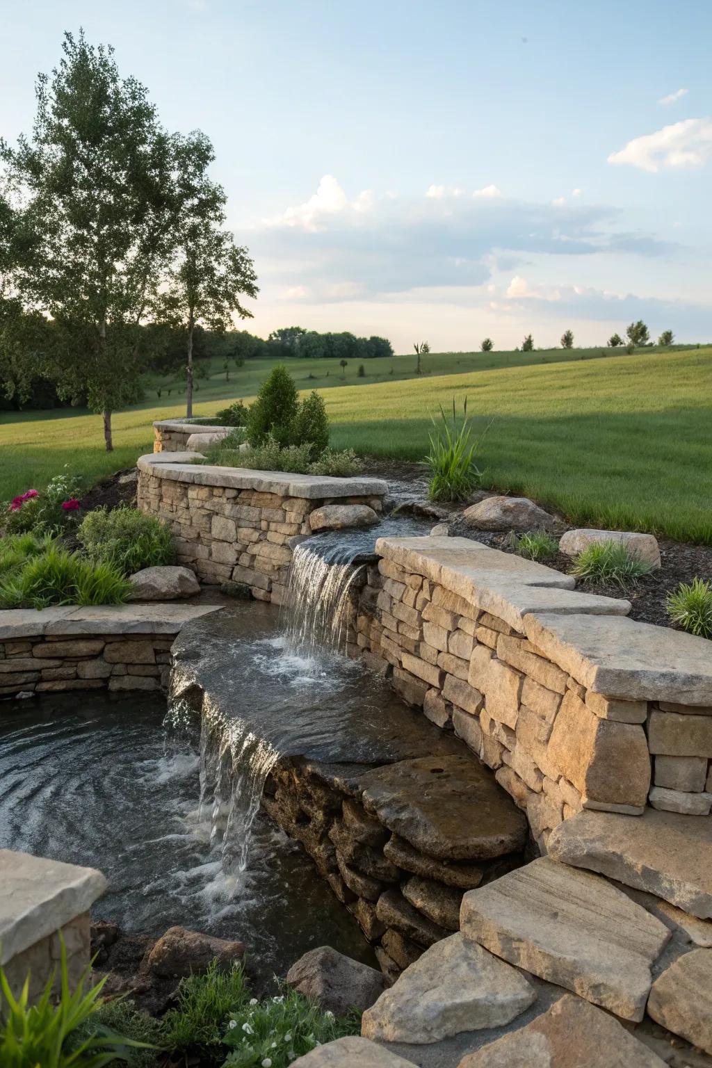 Water features bring tranquility to stone walls.