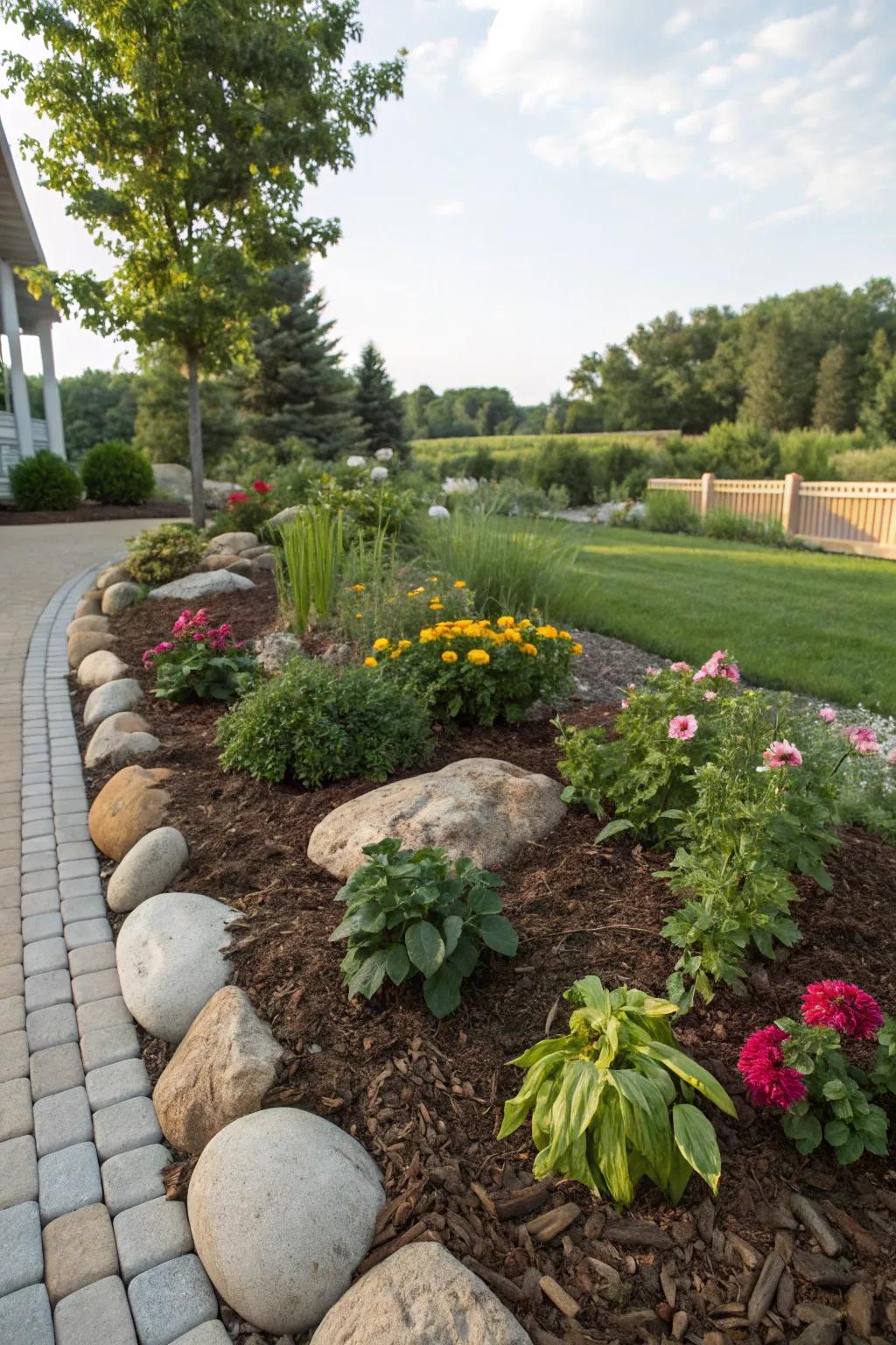Mulched areas with fieldstones offer easy maintenance and beauty.
