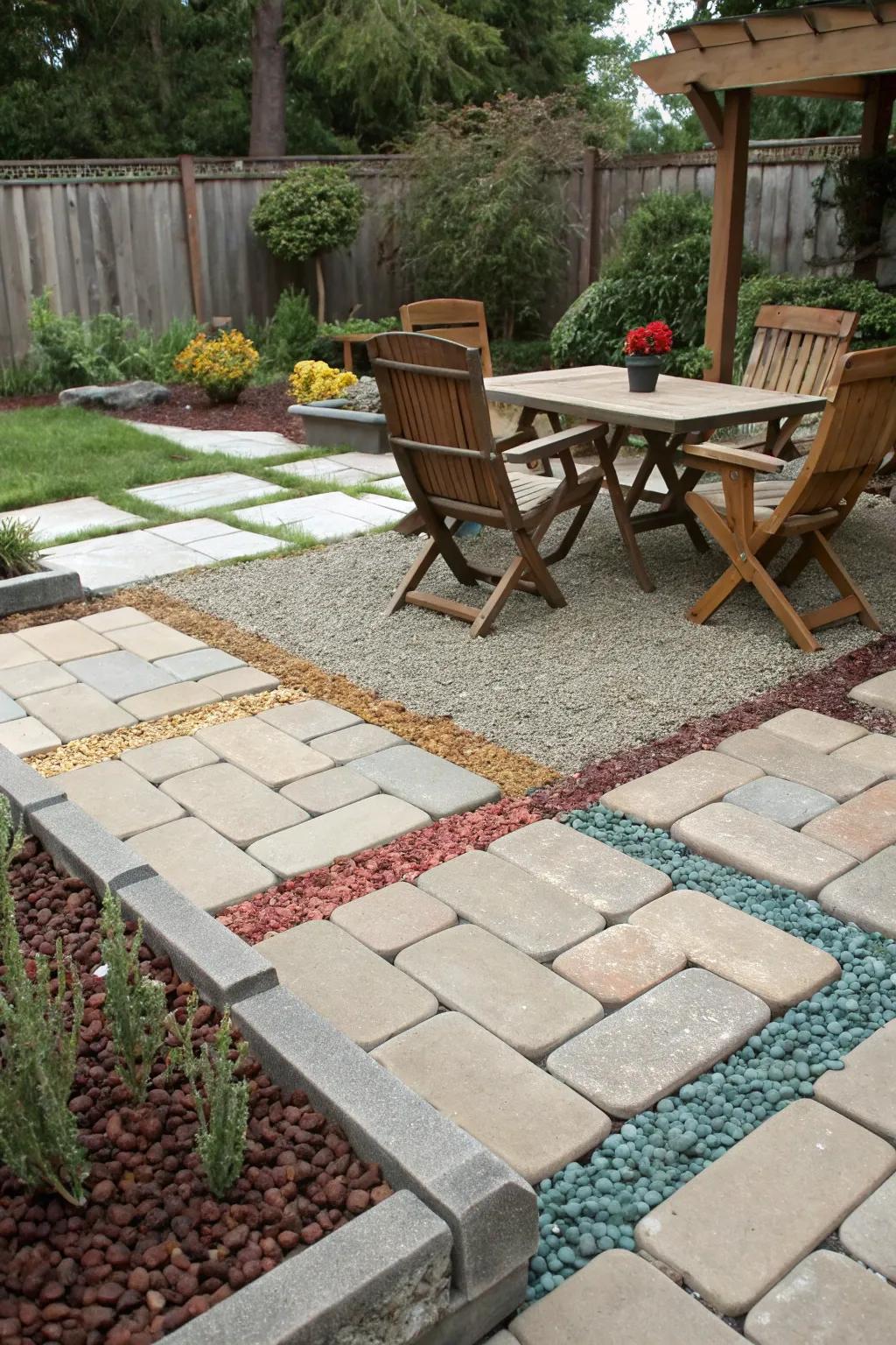 Colored gravel offers a vibrant contrast between pavers.