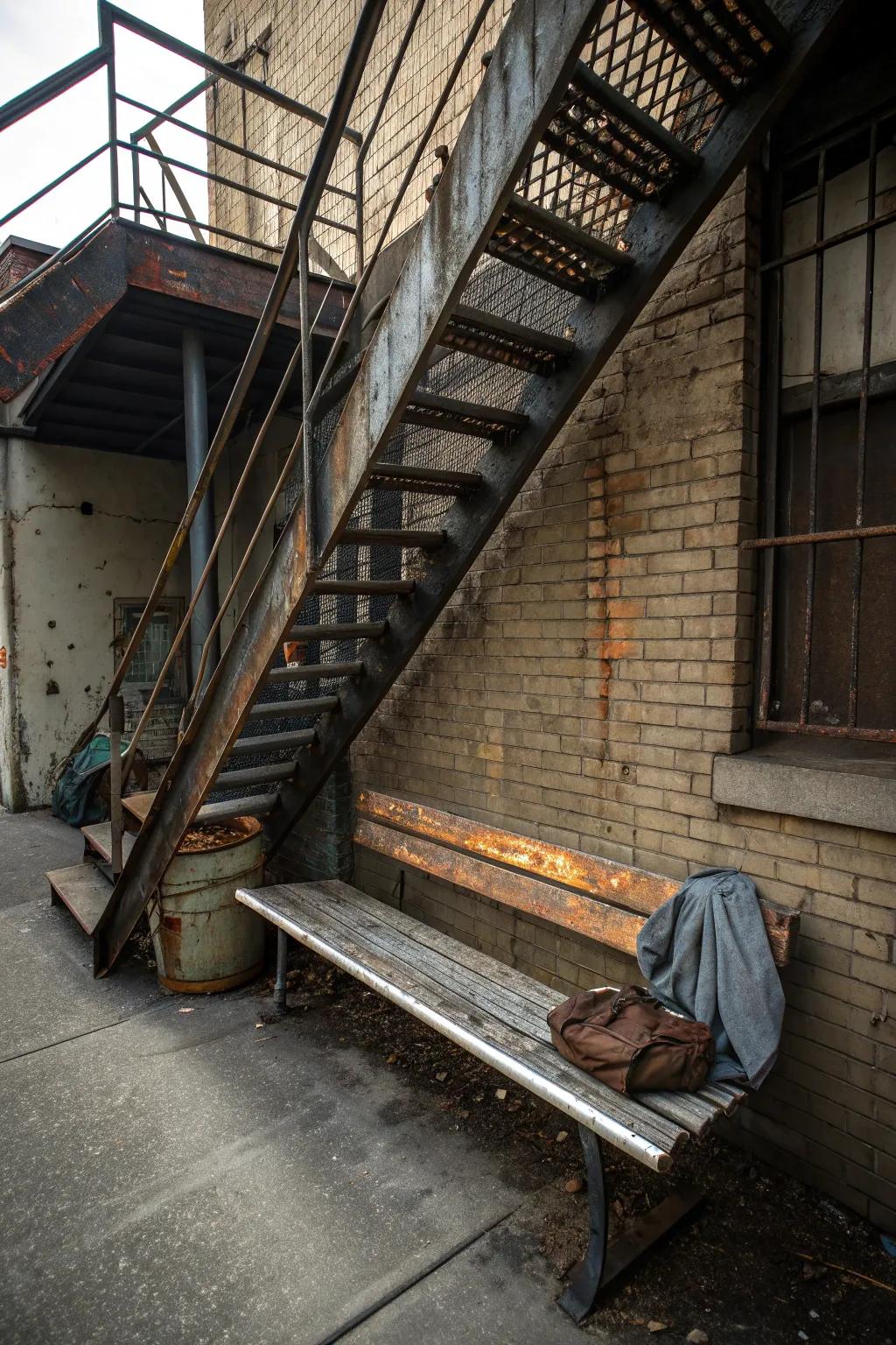 A dual-purpose bench with storage on a fire escape.